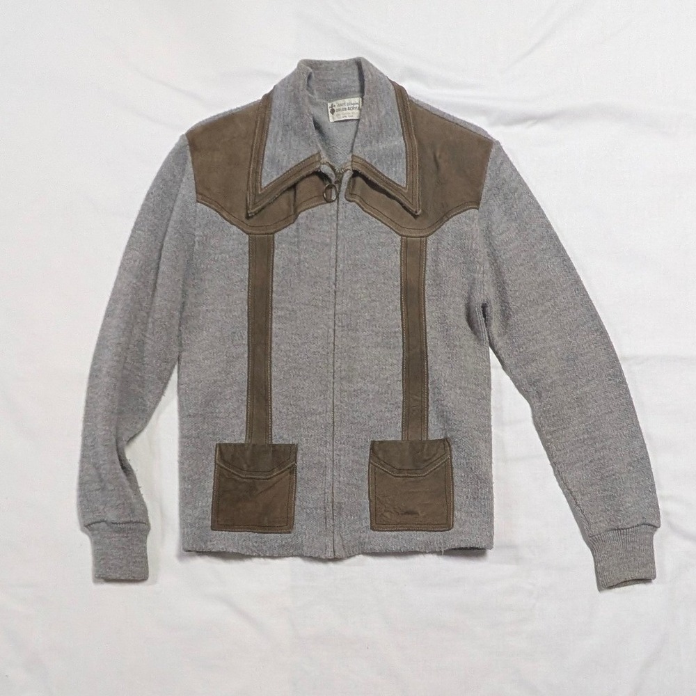 Vintage Orlon Acrylic Full Zip Western Sweater Gray Brown Yoke Men Medium